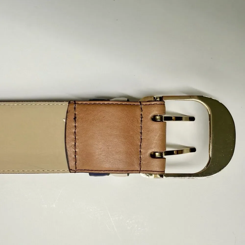 ANN TAYLOR Belt Women's S Brown Leather Blue Cream Double Gold Tone Buckle READ
